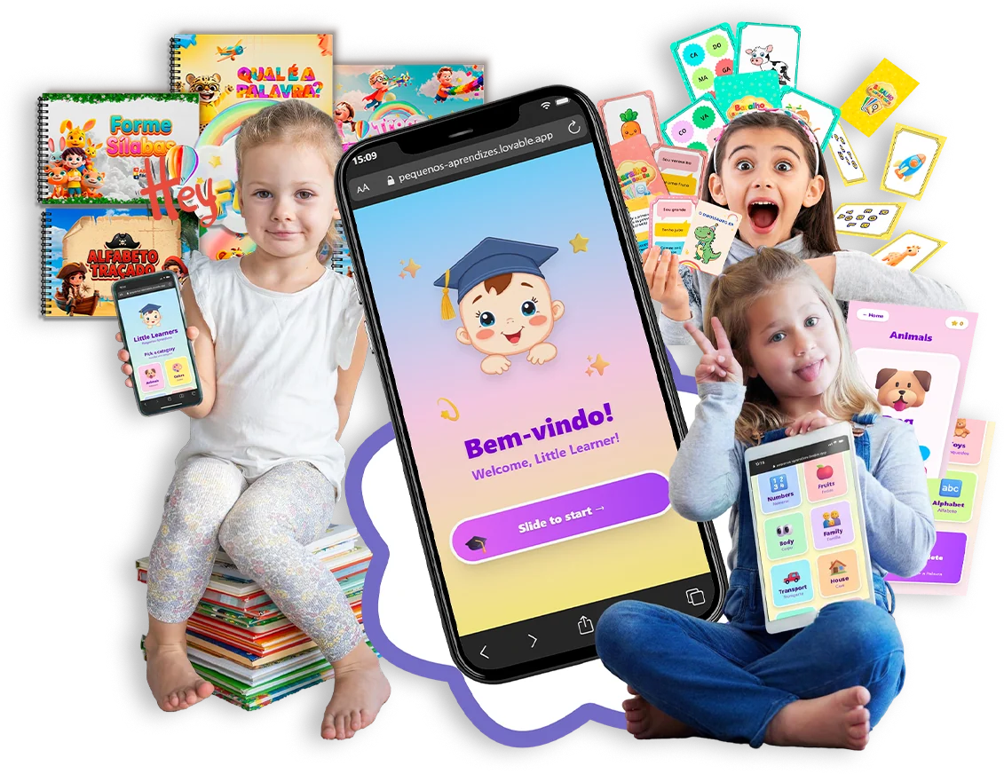 App Pequenos Aprendizes no celular, com os bônus de alfabetização